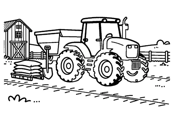 Un tractor agricol cu dispozitiv pentru împrăștierea sării, parcat iarna lângă un hambar.