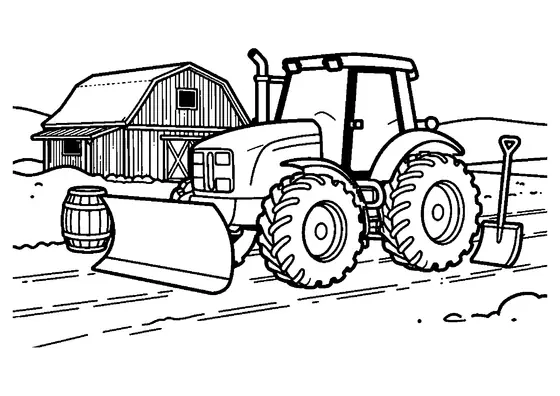 Un tractor con una ancha pala quitanieves está junto a un granero en un camino nevado, acompañado por un barril y una pala de mano.