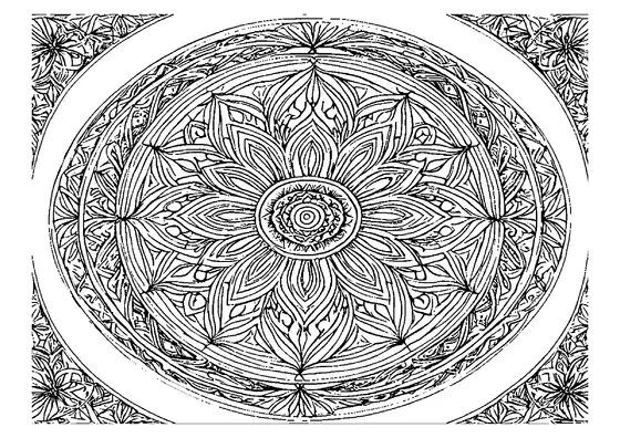 Planșă de colorat cu o rozetă florală rotundă, petale simetrice și colțuri decorative cu modele vegetale.