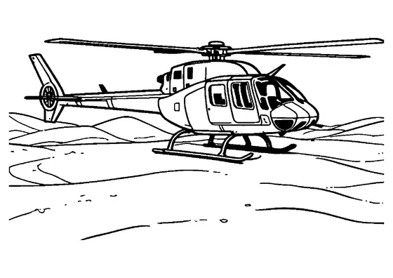 En helikopter står på mjuk snö i ett vinterns landskap med tydliga svarta konturer och stora vita ytor att färglägga.