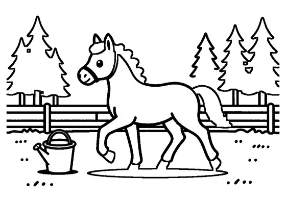 Un potro joven trotando por una pista de equitación de arena rodeada por una valla.