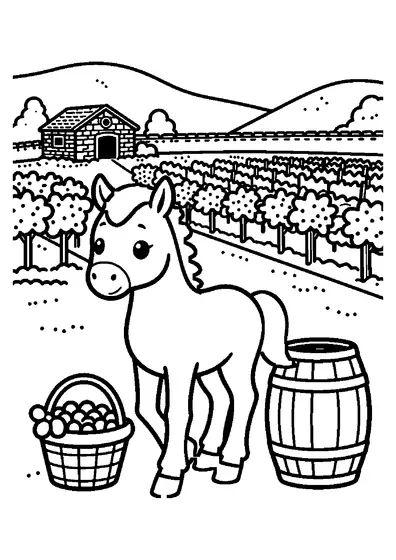 Ein Fohlen läuft auf einem Weg zwischen breiten Reihen von Weinreben an einem Korb und einem Holzfass vorbei.