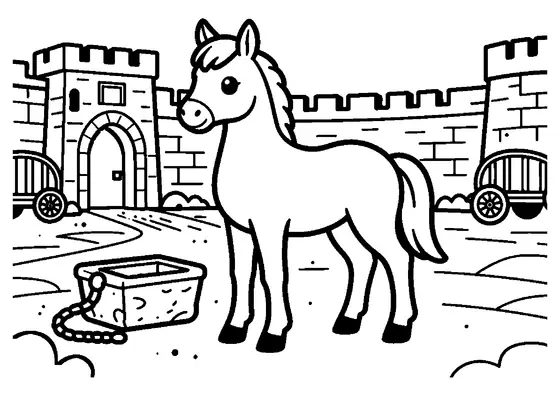 Un potrillo joven de pie en el patio de arena de un viejo castillo.