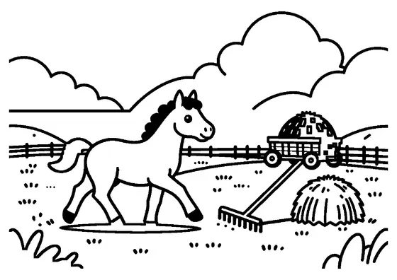 Ein fröhliches Fohlen galoppiert über ein gemähtes Feld, vorbei an Rechen, Heu, Wagen und Holzzaun.