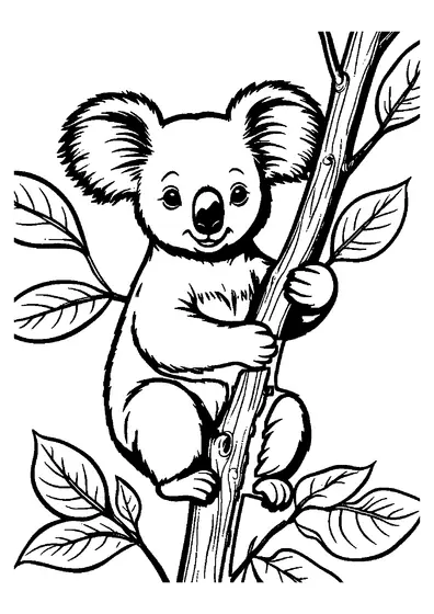 Un koala stă îmbrățișat pe un trunchi de eucalipt printre frunze mari, având contururi clare de colorat.