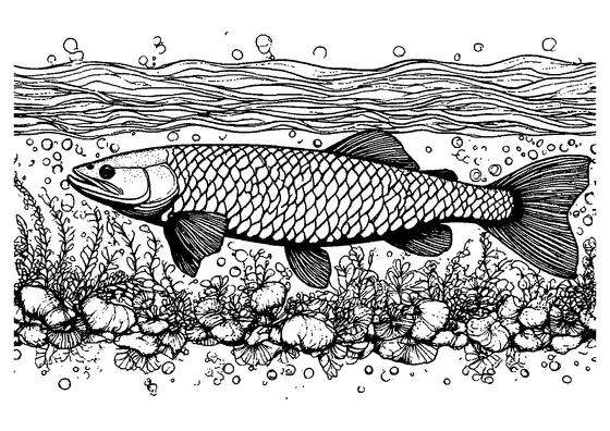 Detallado dibujo para adultos de un pez que nada en el río entre ondas ornamentales, conchas, piedras y plantas subacuáticas.