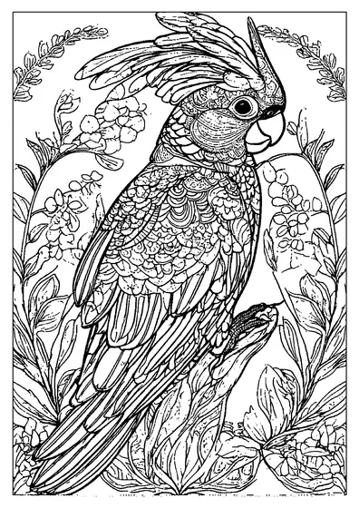Una cacatúa con cresta ornamental posa en una rama entre hojas y flores de banksia, con numerosos espacios pequeños para colorear.