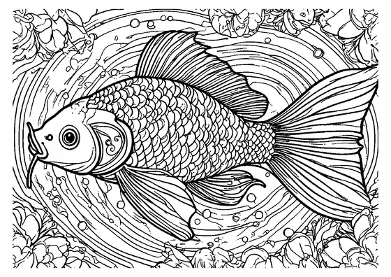 Ein Koi mit dicht gezeichneten Schuppen schwimmt zwischen Wellenringen, Luftblasen, Lotusblättern und Lotusblüten.