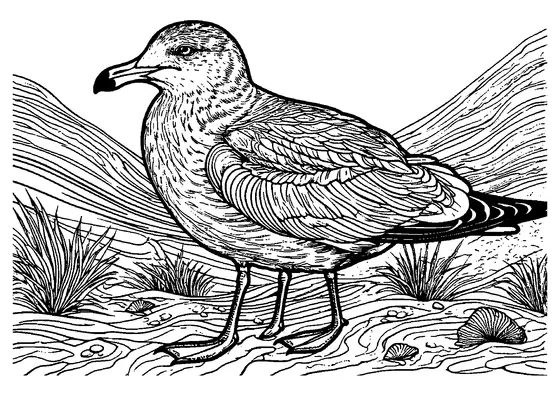 Una gaviota posa en la arena entre matas de hierba y conchas; sus plumas decorativas y el fondo ondulado forman un complejo dibujo imprimible.