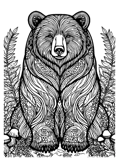 Ein Bär mit ornamentverziertem Fell sitzt zwischen Farnen, Waldbeeren und Pilzen in einem detailreichen Ausmalbild.