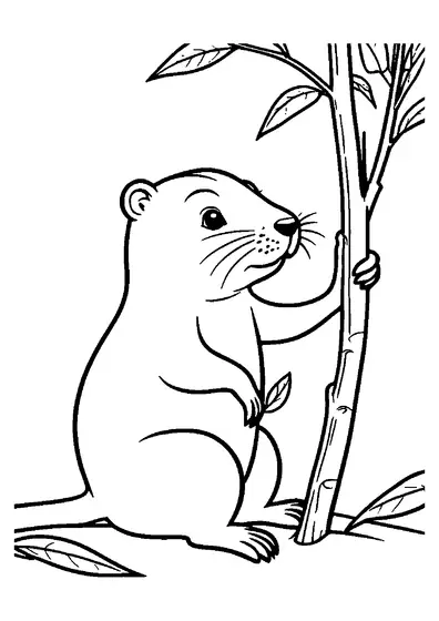Um castor sentado perto de um galho com folhas num fundo limpo, com contornos nítidos para colorir para as crianças.