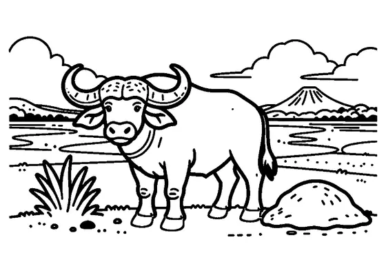 An African buffalo beside a broad clump of papyrus in the Amboseli wetlands.