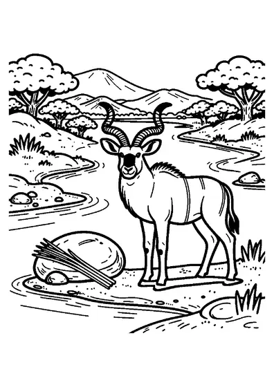 Un kudu maiestuos, cu coarne spiralate, stă lângă un pârâu stâncos și un mănunchi de stuf.
