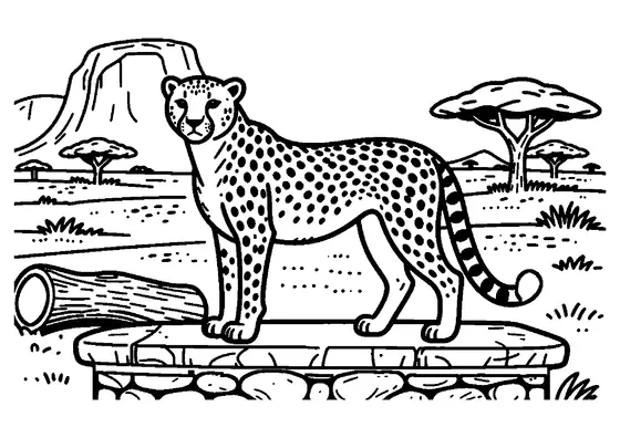 Ein schlanker Gepard steht an einem Felsabbruch neben einer Steinplatte und einem umgestürzten Baumstamm.