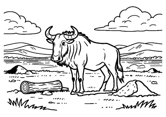 A wildebeest standing beside a fallen log on the vast Loita Plains after the rain.