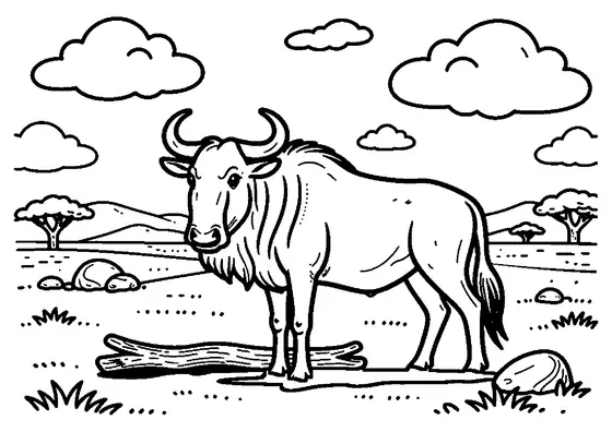 Ein Gnu steht neben einem Baumstamm und einem Felsen auf einer Graslandschaft unter weiten Wolken.