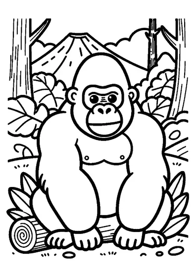 Ein Gorilla sitzt auf einer Waldlichtung unterhalb eines Vulkanhangs und zwischen riesigen Blättern.