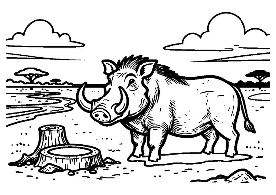 A warthog standing beside a mud pool and a broad tree trunk on the Hwange savanna.