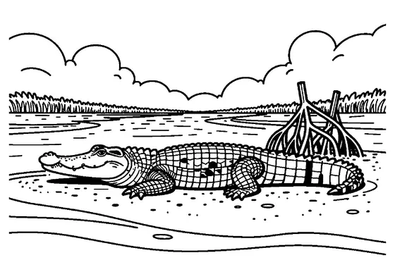 Ein Nilkrokodil liegt in einem Ästuar zwischen Mangrovenwurzeln und breiten Wellen.