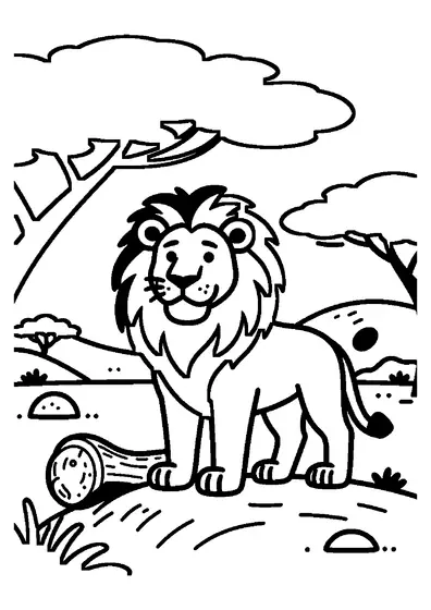 Un orgulloso león con densa melena de pie en la sabana africana, con una acacia al fondo.