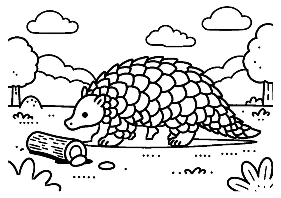 Planșă de colorat cu un pangolin african acoperit de solzi, mergând pe o potecă din savană.