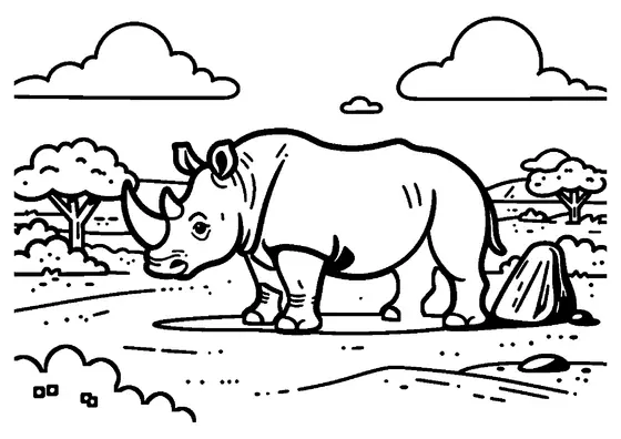 Ein Nashorn zieht durch den Dornbusch, vorbei an einem Baumstamm und einem Felsen, mit Hügeln in der Ferne.