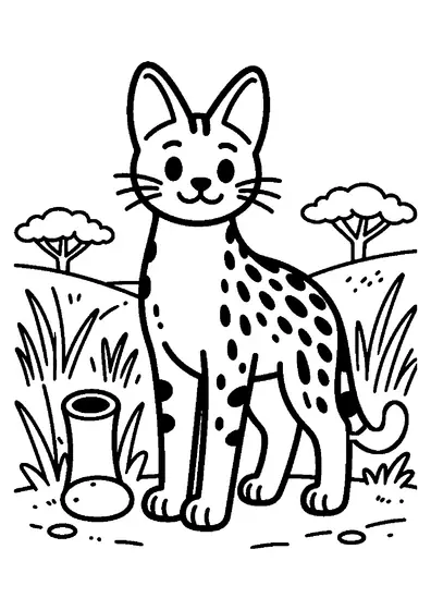 Un serval prietenos se odihnește pe o movilă nisipoasă, lângă tulpini de bambus.