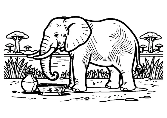 Un elefant african stă lângă o adăpătoare noroioasă cu un jgheab.