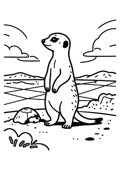 Ein Erdmännchen steht am Rand einer Salzpfanne mit einem Hügel, einem Stein und flachen Mustern im Boden.