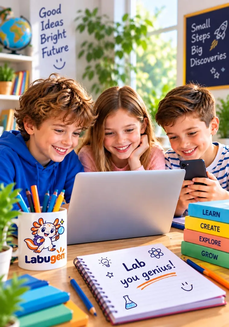 Three children at a laptop, next to a mug with the Labugen axolotl and a notebook that says “Lab you genius”
